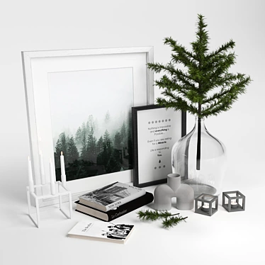 Scandi Decor Set: Cedar Branch, Books, Frames, Vases 3D model image 1 