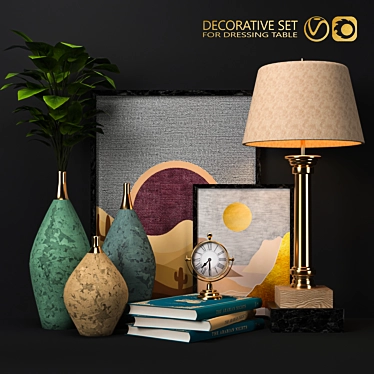 Elegant Decor Set: Flowers, Pot, Book, Frame, Lamp, Watch 3D model image 1 
