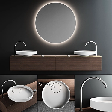Falper Eccentrico Vanity: Wood Unit, Marble Washbasin, Round Mirror 3D model image 1 