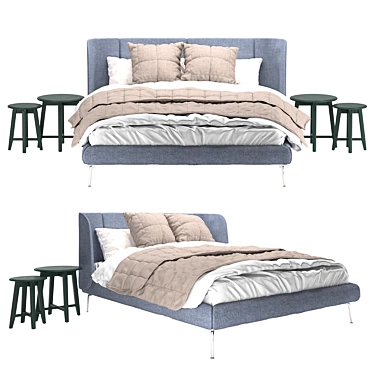 Modern Blue Upholstered Bed Set 3D model image 1 