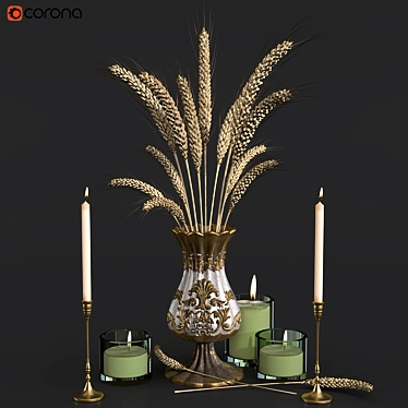 Rustic Wheat and Candle Display 3D model image 1 