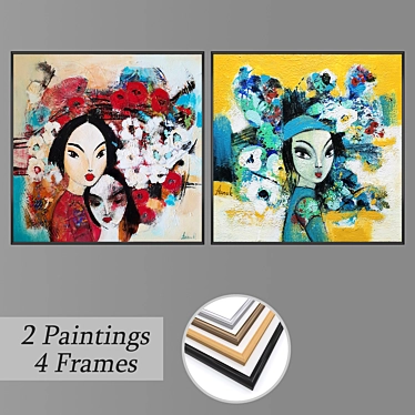 Assorted Wall Paintings Set with Frames 3D model image 1 
