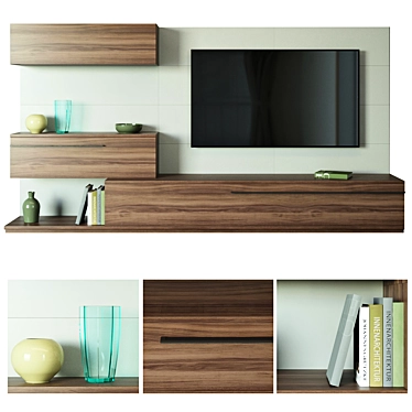 Title: Wood and White TV Wall Unit | Modular Design | 65 inch TV 3D model image 1 