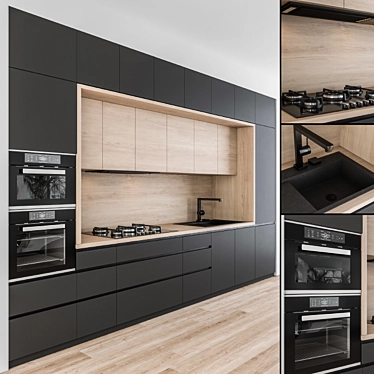 Sleek Black and Wood Kitchen 3D model image 1 