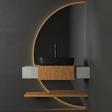 Modern Bathroom Set: Wooden Cabinet, Semicircular Mirror, Black Taps 3D model image 1 