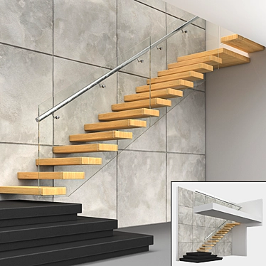 Modern Stairs 2 - Wood, Concrete & Glass 3D model image 1 