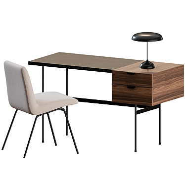 Mid-Century Office Set: Chair, Desk, Lamp 3D model image 1 