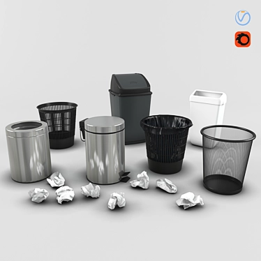 Stylish Trash Bin Set & Crumpled Paper 3D model image 1 