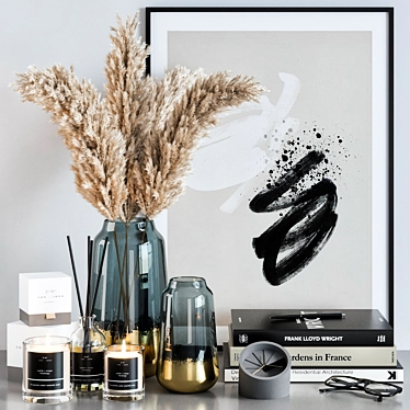 Elegant Decor Set: Pampas Grass, Vases, Books 3D model image 1 