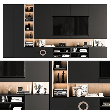 Modern Black and Wood TV Wall 3D model image 1 