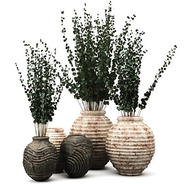 Handcrafted Clay Vases with Eucalyptus 3D model image 1 