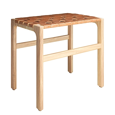 Vintage Wooden Stool with Leather Seat 3D model image 1 