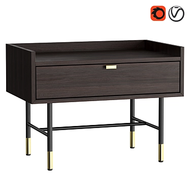 Elegant Walnut Bedside Table with Golden Accents 3D model image 1 