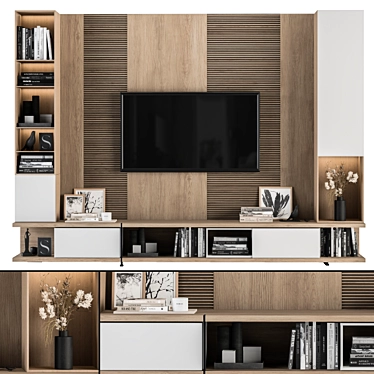 Modern White and Wood TV Wall 3D model image 1 