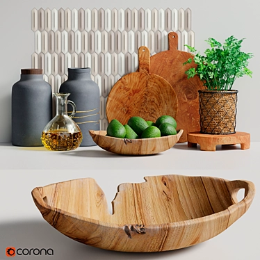 Teak Kitchen Decor Set with Mosaic Glazed Ceramic 3D model image 1 