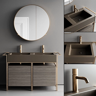 Cielo Narciso Doppio Set 2: Ceramic, Steel, and Wood Vanity Unit with Drawers and Round Wall-Mounted 3D model image 1 