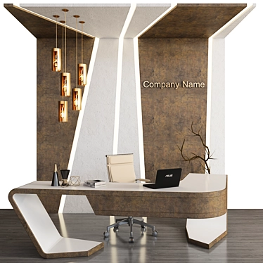 Modern Reception Desk with ASUS Laptop, Chair, Chandelier, Vase & Panel 3D model image 1 