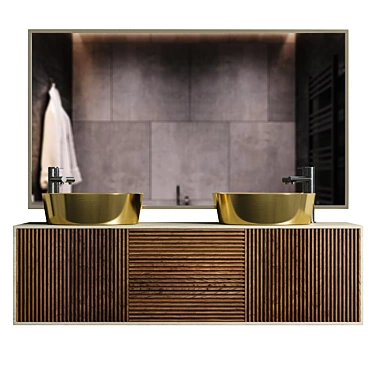 Golden Sink with Wooden Bathroom Furniture 3D model image 1 