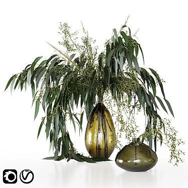Green Elegance Bouquet: Glass Vases, Grass, and Eucalyptus 3D model image 1 
