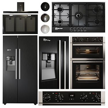 Premium NEFF Appliance Collection: Double Oven, Gas Hob, Hood, Fridge. 3D model image 1 