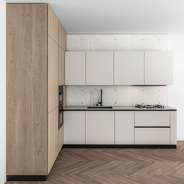 Sleek White and Wood Kitchen 3D model image 1 