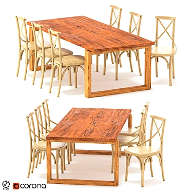 Modern Teak Dining Set: ODGER Table & 6 Cross Back Chairs 3D model image 1 