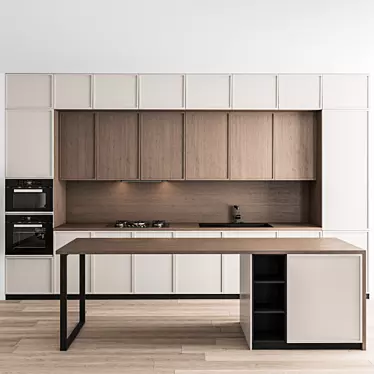 Sleek White and Wood Island Kitchen 3D model image 1 