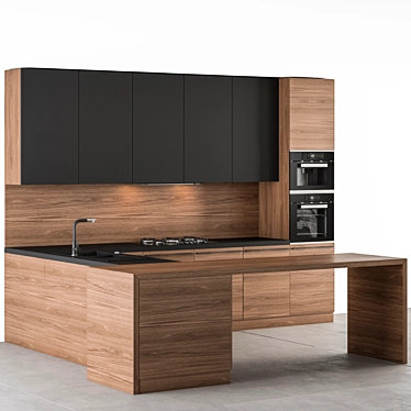 Sleek Wood & Black Kitchen 3D model image 1 