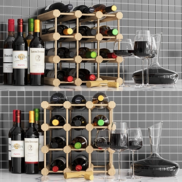 Elegant Wine Set: Bottles, Glasses, Decanter & Rack 3D model image 1 