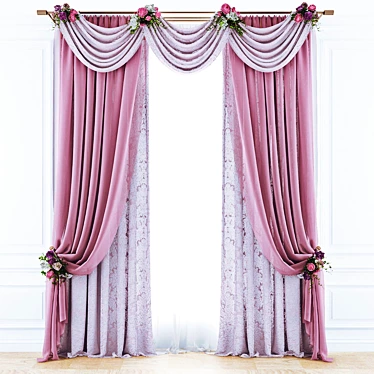 Elegant Floral Curtains 3D model image 1 