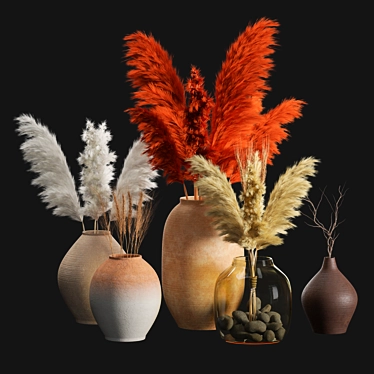 Handcrafted Clay Vases with Dried Grass 3D model image 1 