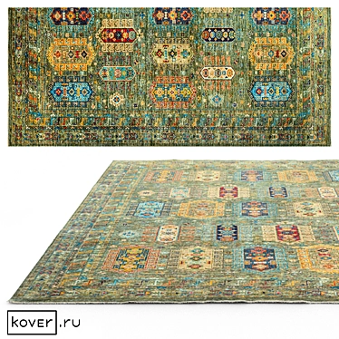 WAZIR Ethnic Green Wool Carpet 3D model image 1 