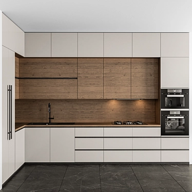 Sleek White and Wood L-Shape Kitchen Cabinets 3D model image 1 