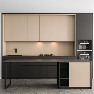 Modern Kitchen Cabinets - Black & Cream 3D model image 1 