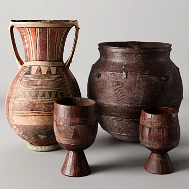African Clay and Wood Vases 3D model image 1 