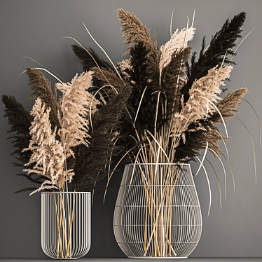 Dried Reed Bouquet in Metal Basket 3D model image 1 