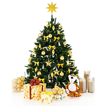  Festive Christmas Tree with Ornaments & Tiger Toy 3D model image 1 