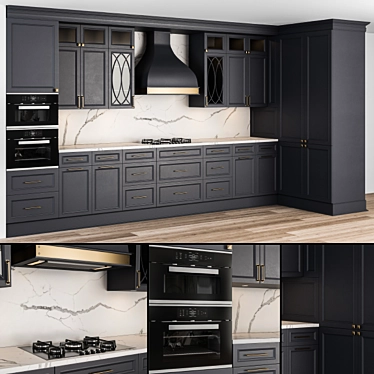 Elegant Navy Blue & Gold Kitchen Set 3D model image 1 