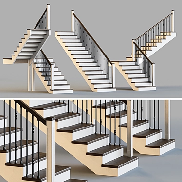 Wooden Stairs with Metal Balusters 3D model image 1 