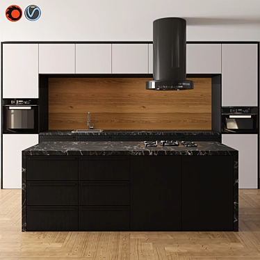 Sleek Black & White Wood Kitchen 3D model image 1 