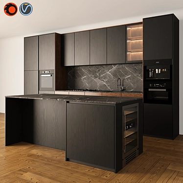 Sleek Black & Wood Kitchen Set 3D model image 1 