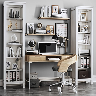 Modern Workplace Set in White: Chair, Shelving, Laptop, Lamp & Desk 3D model image 1 
