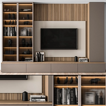 Sleek Wood and Black TV Wall 3D model image 1 