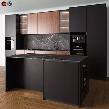 Modern Black & Wood Kitchen Set 3D model image 1 