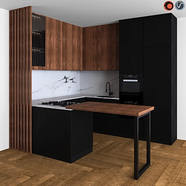 Sleek 14 Modern Black & Wood Kitchen 3D model image 1 