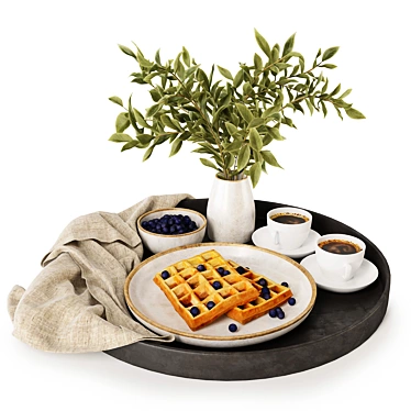 Title: Breakfast Tray with Coffee, Waffles & Blueberries 3D model image 1 