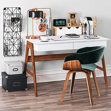 Modern Office Set - Desk, Chair, Lamp, Clock & Laptop 3D model image 1 