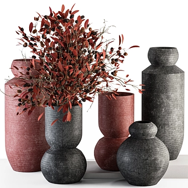 Red and Gray Vase and Plant Set 3D model image 1 