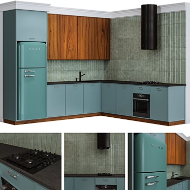 Vintage Green Kitchen: Smeg Fridge, Bosch Cooktop & Oven 3D model image 1 