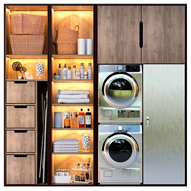 Laundry room 6. Household appliances and cosmetics, basket, washing machine, ironing board